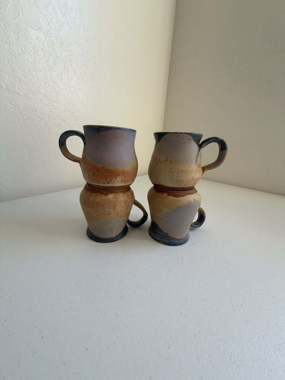 Handmade Studio Pottery Coffee Mugs Orange Lavender Cream Set of 4
